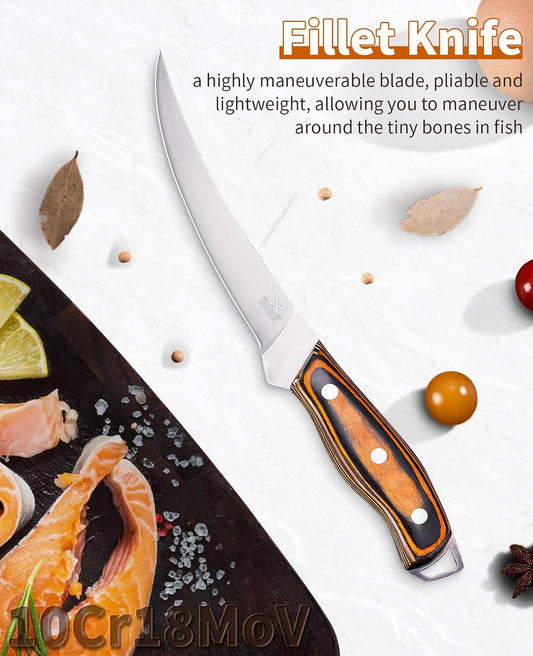 Professional Boning Knife and Fillet Knife Set 2 with Gift Box | Super Sharp Outstanding Flexibility 10Cr18Mov High Carbon Steel Full Tang Wooden Handle for Fish Meat Poultry Cutting