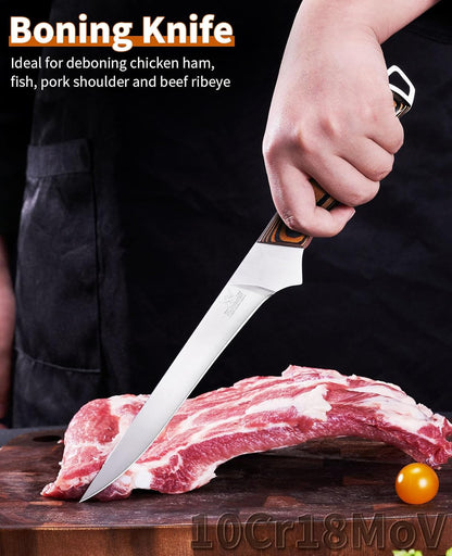 Professional Boning Knife and Fillet Knife Set 2 with Gift Box | Super Sharp Outstanding Flexibility 10Cr18Mov High Carbon Steel Full Tang Wooden Handle for Fish Meat Poultry Cutting