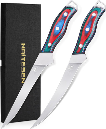 Professional Boning Knife and Fillet Knife Set 2 with Gift Box | Super Sharp Outstanding Flexibility 10Cr18Mov High Carbon Steel Full Tang Wooden Handle for Fish Meat Poultry Cutting