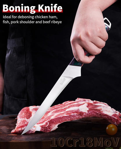 Professional Boning Knife and Fillet Knife Set 2 with Gift Box | Super Sharp Outstanding Flexibility 10Cr18Mov High Carbon Steel Full Tang Wooden Handle for Fish Meat Poultry Cutting