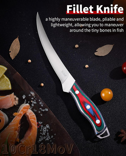 Professional Boning Knife and Fillet Knife Set 2 with Gift Box | Super Sharp Outstanding Flexibility 10Cr18Mov High Carbon Steel Full Tang Wooden Handle for Fish Meat Poultry Cutting