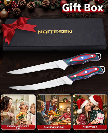 Professional Boning Knife and Fillet Knife Set 2 with Gift Box | Super Sharp Outstanding Flexibility 10Cr18Mov High Carbon Steel Full Tang Wooden Handle for Fish Meat Poultry Cutting