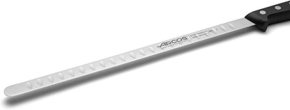 Salmon Knife/Fish Knife 11 Inch Nitrum Stainless Steel and 290 mm blade. Ergonomic Polyoxymethylene POM Handle. Series Universal. Long, sturdy blade and serrated edge. Easily cuts. Color Black