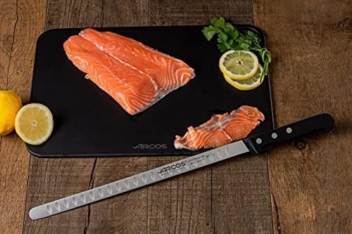 Salmon Knife/Fish Knife 11 Inch Nitrum Stainless Steel and 290 mm blade. Ergonomic Polyoxymethylene POM Handle. Series Universal. Long, sturdy blade and serrated edge. Easily cuts. Color Black