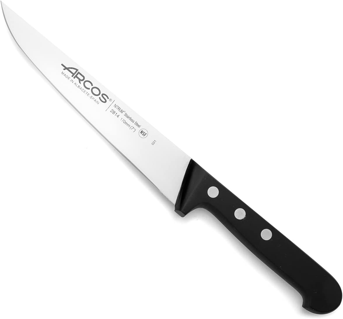 Salmon Knife/Fish Knife 11 Inch Nitrum Stainless Steel and 290 mm blade. Ergonomic Polyoxymethylene POM Handle. Series Universal. Long, sturdy blade and serrated edge. Easily cuts. Color Black