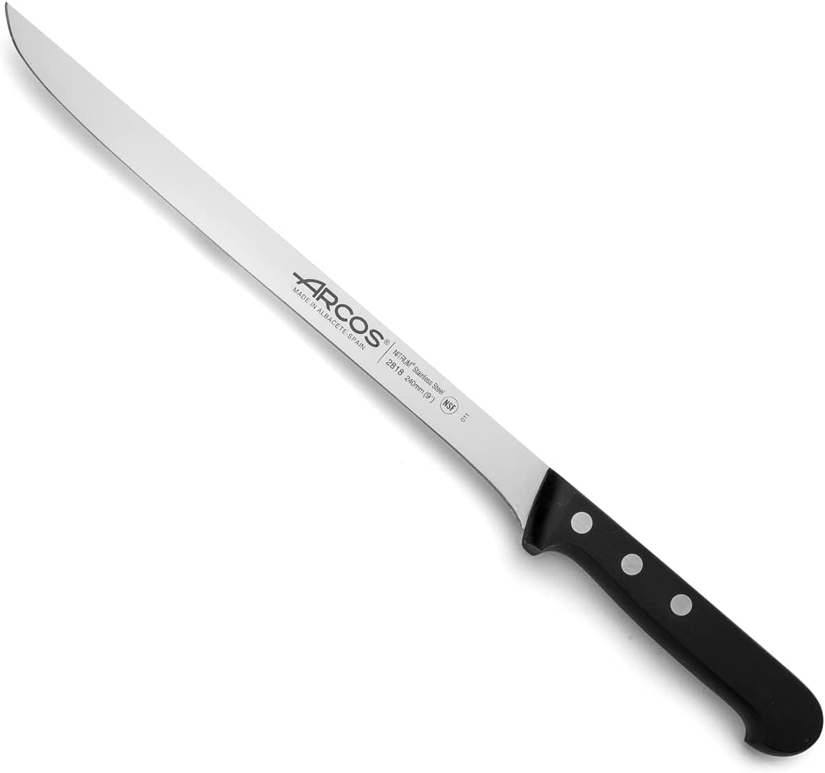 Salmon Knife/Fish Knife 11 Inch Nitrum Stainless Steel and 290 mm blade. Ergonomic Polyoxymethylene POM Handle. Series Universal. Long, sturdy blade and serrated edge. Easily cuts. Color Black