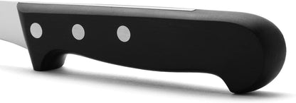 Salmon Knife/Fish Knife 11 Inch Nitrum Stainless Steel and 290 mm blade. Ergonomic Polyoxymethylene POM Handle. Series Universal. Long, sturdy blade and serrated edge. Easily cuts. Color Black