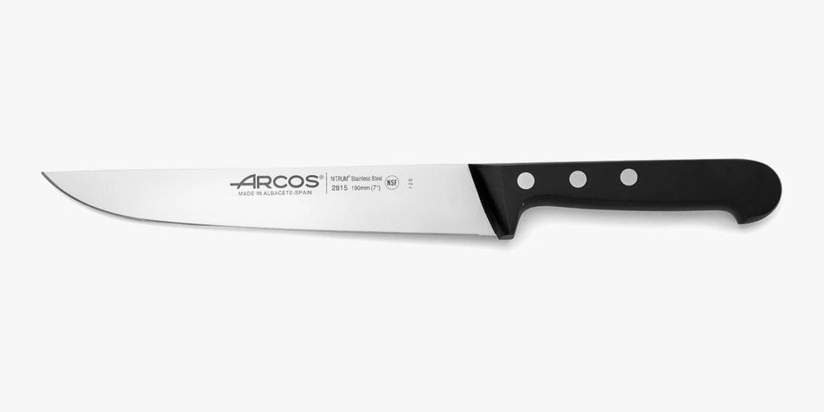 Salmon Knife/Fish Knife 11 Inch Nitrum Stainless Steel and 290 mm blade. Ergonomic Polyoxymethylene POM Handle. Series Universal. Long, sturdy blade and serrated edge. Easily cuts. Color Black