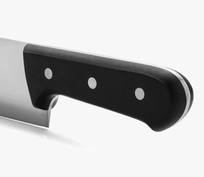 Salmon Knife/Fish Knife 11 Inch Nitrum Stainless Steel and 290 mm blade. Ergonomic Polyoxymethylene POM Handle. Series Universal. Long, sturdy blade and serrated edge. Easily cuts. Color Black