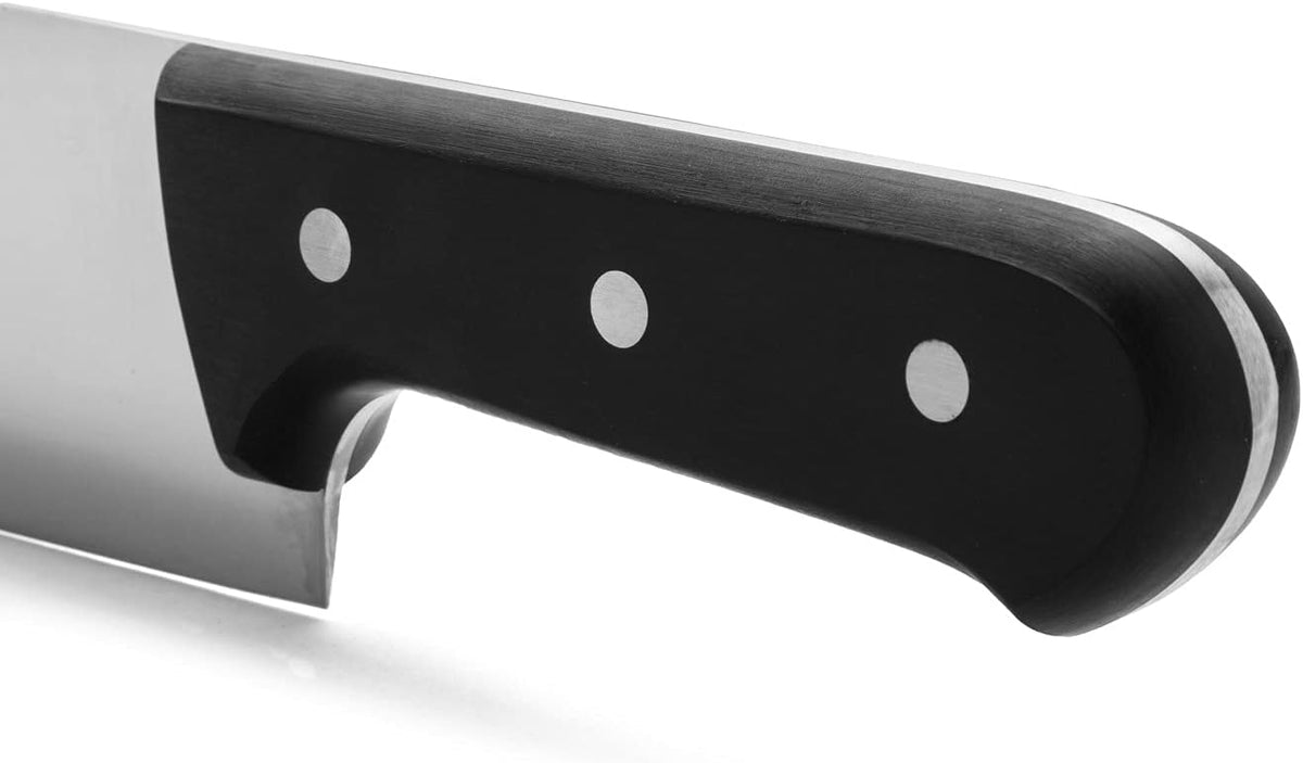 Salmon Knife/Fish Knife 11 Inch Nitrum Stainless Steel and 290 mm blade. Ergonomic Polyoxymethylene POM Handle. Series Universal. Long, sturdy blade and serrated edge. Easily cuts. Color Black