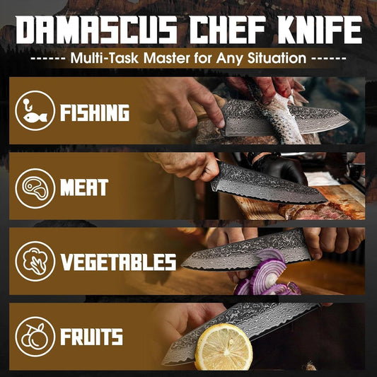 TAN REN Damascus Chef Knife 6 inch with Sheath, Japanese Kiritsuke Knife | Full Tang Damascus Kitchen Knife with Wooden Handle, Kitchen Gift for Men and Women