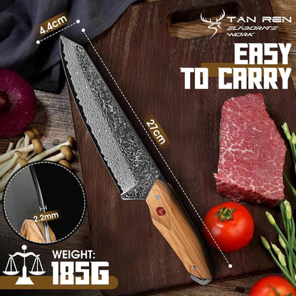 TAN REN Damascus Chef Knife 6 inch with Sheath, Japanese Kiritsuke Knife | Full Tang Damascus Kitchen Knife with Wooden Handle, Kitchen Gift for Men and Women