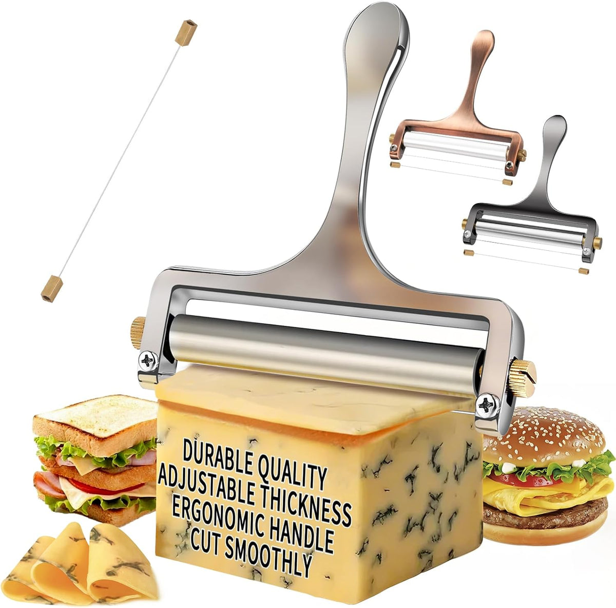 Wire Cheese Slicer Handheld Cutter with 1 Extra Wire, Silver | Stainless Steel Cheese Cutter Wire for Mozzarella, Cheddar, Gruyere, Adjustable Thickness Cheese Shaver for Block Cheese