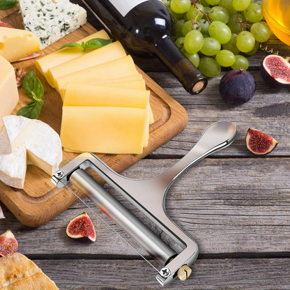 Wire Cheese Slicer Handheld Cutter with 1 Extra Wire, Silver | Stainless Steel Cheese Cutter Wire for Mozzarella, Cheddar, Gruyere, Adjustable Thickness Cheese Shaver for Block Cheese