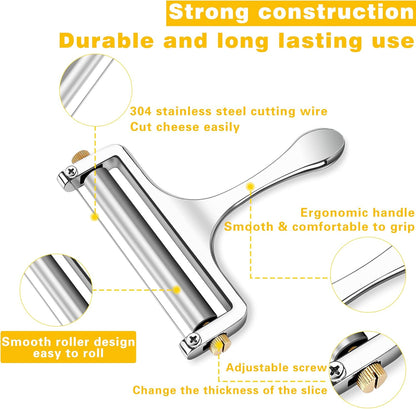 Wire Cheese Slicer Handheld Cutter with 1 Extra Wire, Silver | Stainless Steel Cheese Cutter Wire for Mozzarella, Cheddar, Gruyere, Adjustable Thickness Cheese Shaver for Block Cheese