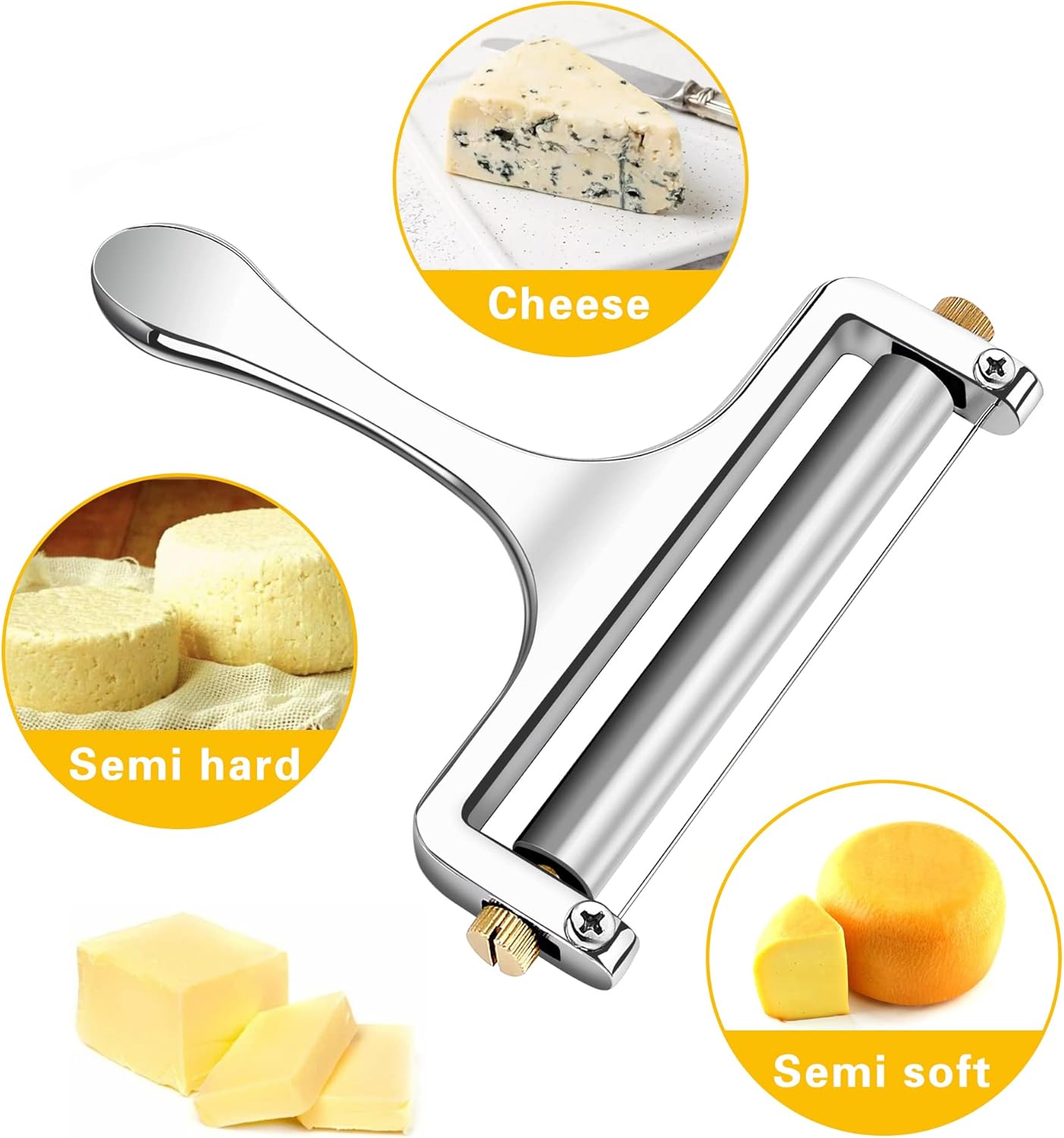 Wire Cheese Slicer Handheld Cutter with 1 Extra Wire, Silver | Stainless Steel Cheese Cutter Wire for Mozzarella, Cheddar, Gruyere, Adjustable Thickness Cheese Shaver for Block Cheese