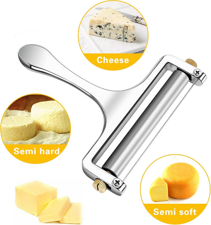Wire Cheese Slicer Handheld Cutter with 1 Extra Wire, Silver | Stainless Steel Cheese Cutter Wire for Mozzarella, Cheddar, Gruyere, Adjustable Thickness Cheese Shaver for Block Cheese