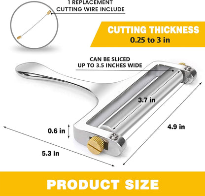 Wire Cheese Slicer Handheld Cutter with 1 Extra Wire, Silver | Stainless Steel Cheese Cutter Wire for Mozzarella, Cheddar, Gruyere, Adjustable Thickness Cheese Shaver for Block Cheese