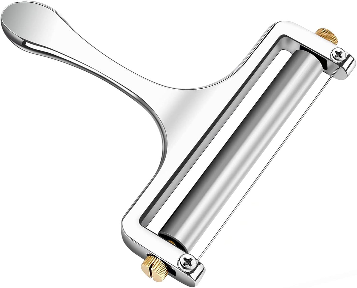 Wire Cheese Slicer Handheld Cutter with 1 Extra Wire, Silver | Stainless Steel Cheese Cutter Wire for Mozzarella, Cheddar, Gruyere, Adjustable Thickness Cheese Shaver for Block Cheese