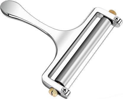 Wire Cheese Slicer Handheld Cutter with 1 Extra Wire, Silver | Stainless Steel Cheese Cutter Wire for Mozzarella, Cheddar, Gruyere, Adjustable Thickness Cheese Shaver for Block Cheese
