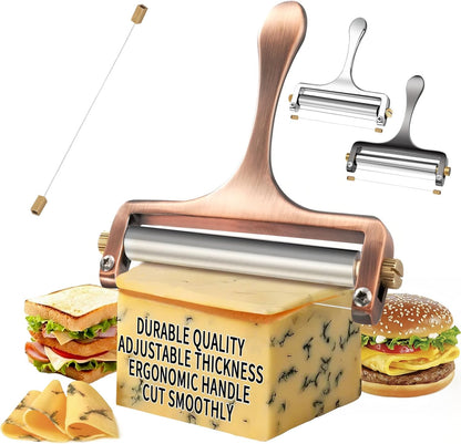 Wire Cheese Slicer Handheld Cutter with 1 Extra Wire, Silver | Stainless Steel Cheese Cutter Wire for Mozzarella, Cheddar, Gruyere, Adjustable Thickness Cheese Shaver for Block Cheese