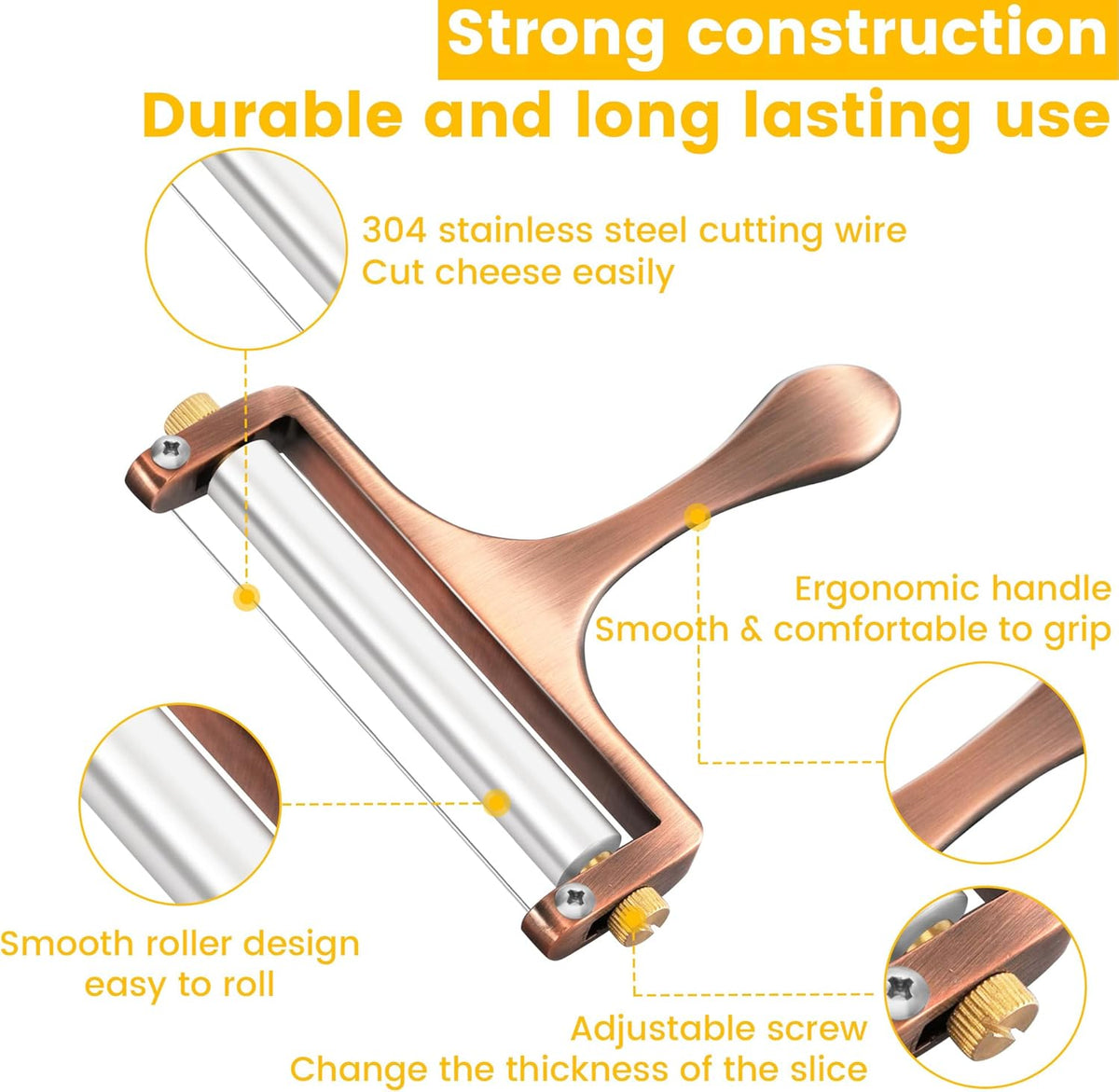 Wire Cheese Slicer Handheld Cutter with 1 Extra Wire, Silver | Stainless Steel Cheese Cutter Wire for Mozzarella, Cheddar, Gruyere, Adjustable Thickness Cheese Shaver for Block Cheese