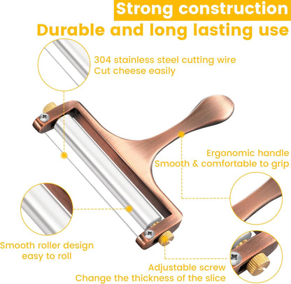 Wire Cheese Slicer Handheld Cutter with 1 Extra Wire, Silver | Stainless Steel Cheese Cutter Wire for Mozzarella, Cheddar, Gruyere, Adjustable Thickness Cheese Shaver for Block Cheese