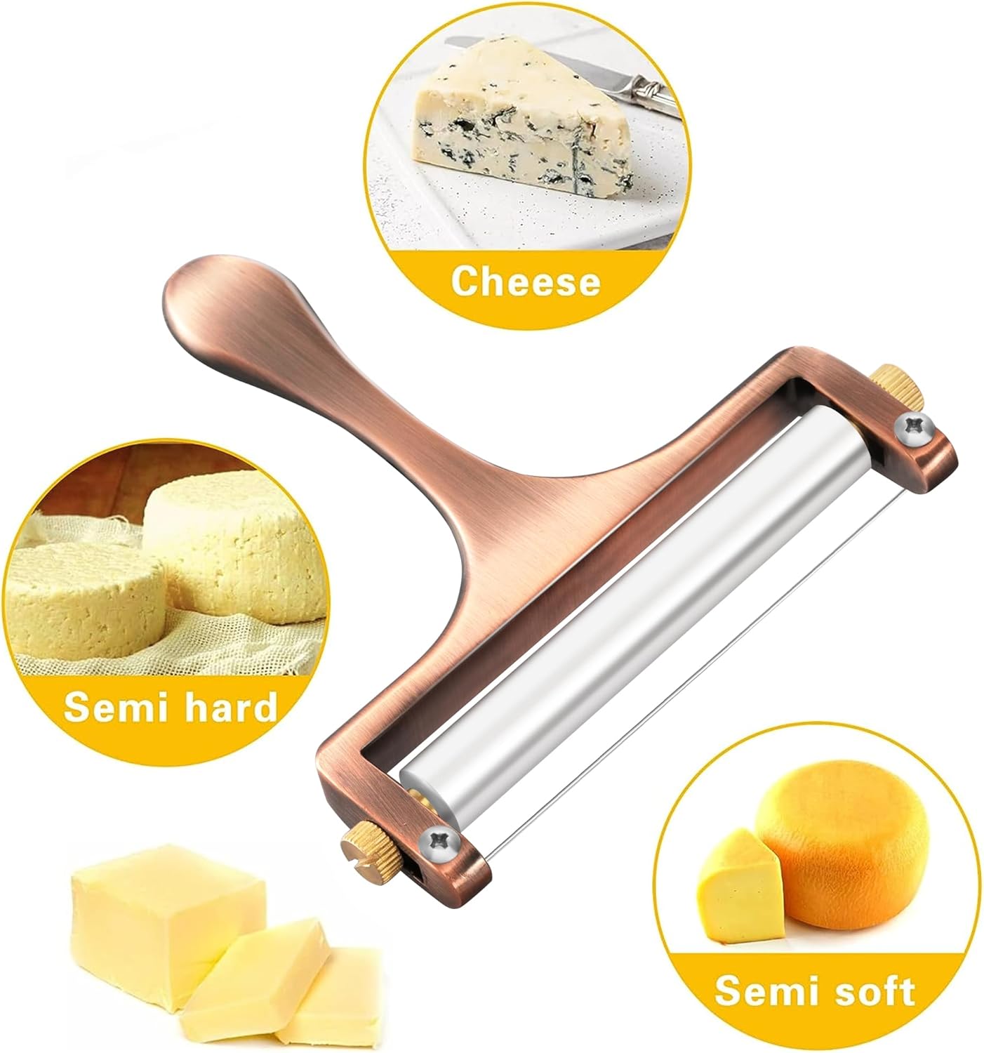 Wire Cheese Slicer Handheld Cutter with 1 Extra Wire, Silver | Stainless Steel Cheese Cutter Wire for Mozzarella, Cheddar, Gruyere, Adjustable Thickness Cheese Shaver for Block Cheese