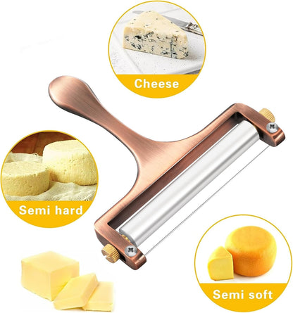 Wire Cheese Slicer Handheld Cutter with 1 Extra Wire, Silver | Stainless Steel Cheese Cutter Wire for Mozzarella, Cheddar, Gruyere, Adjustable Thickness Cheese Shaver for Block Cheese