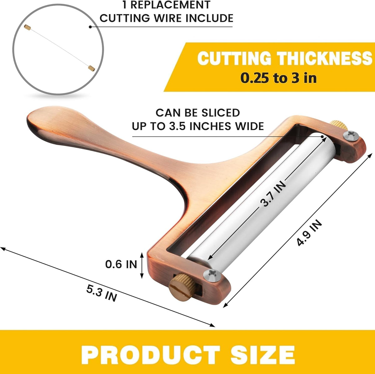 Wire Cheese Slicer Handheld Cutter with 1 Extra Wire, Silver | Stainless Steel Cheese Cutter Wire for Mozzarella, Cheddar, Gruyere, Adjustable Thickness Cheese Shaver for Block Cheese
