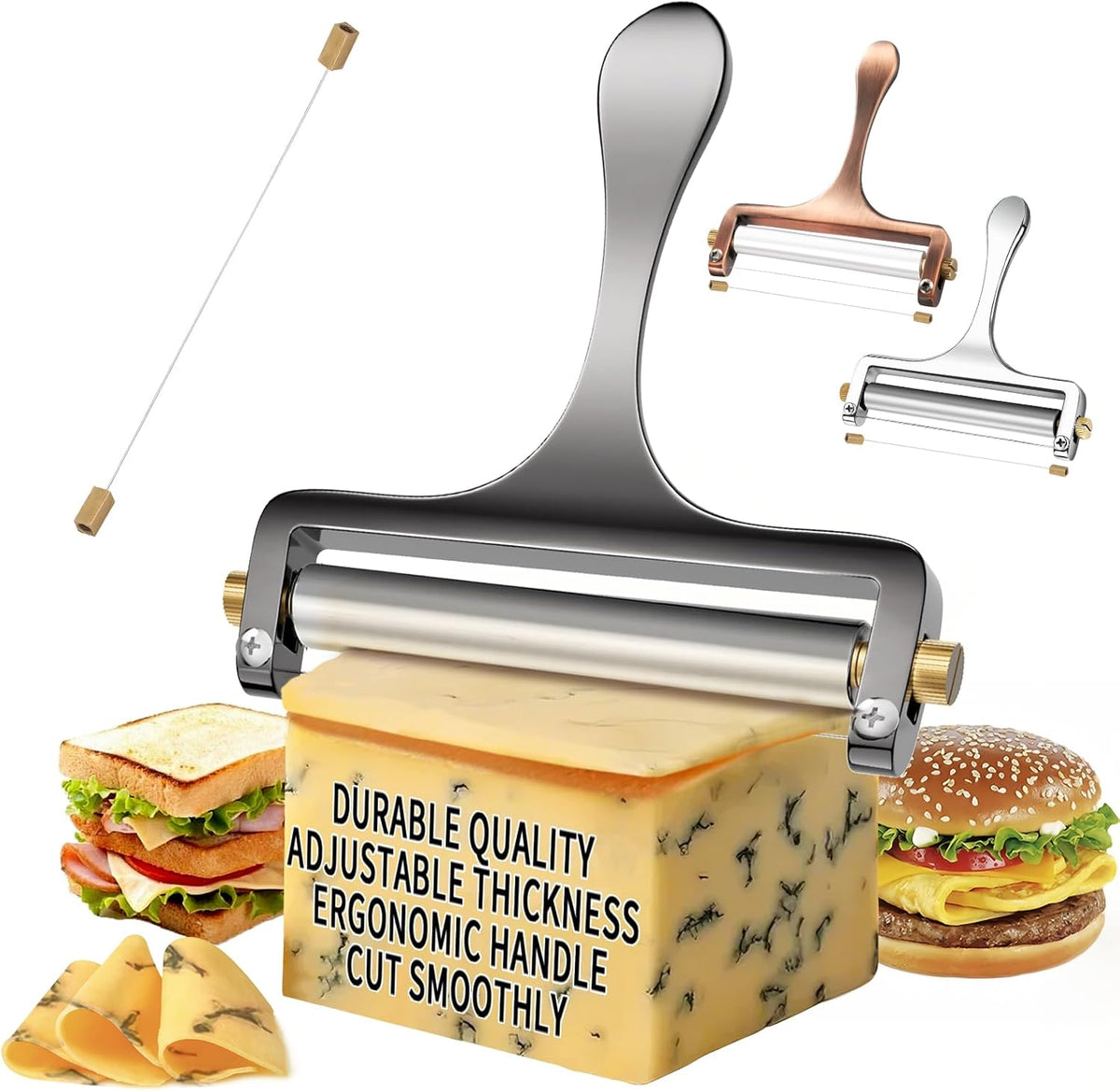 Wire Cheese Slicer Handheld Cutter with 1 Extra Wire, Silver | Stainless Steel Cheese Cutter Wire for Mozzarella, Cheddar, Gruyere, Adjustable Thickness Cheese Shaver for Block Cheese
