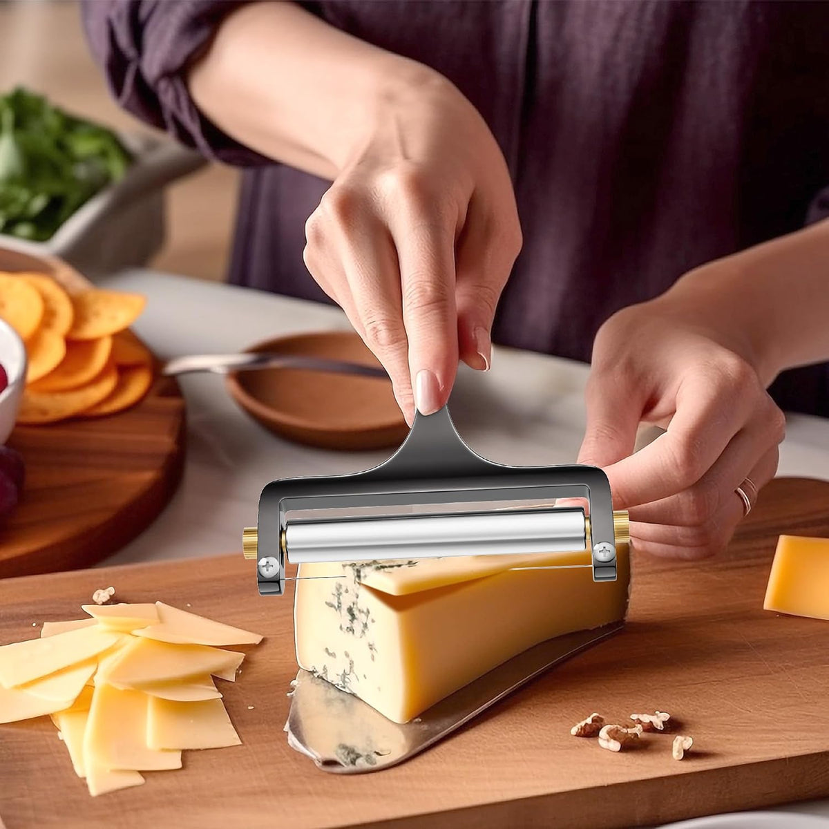 Wire Cheese Slicer Handheld Cutter with 1 Extra Wire, Silver | Stainless Steel Cheese Cutter Wire for Mozzarella, Cheddar, Gruyere, Adjustable Thickness Cheese Shaver for Block Cheese