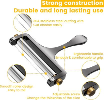 Wire Cheese Slicer Handheld Cutter with 1 Extra Wire, Silver | Stainless Steel Cheese Cutter Wire for Mozzarella, Cheddar, Gruyere, Adjustable Thickness Cheese Shaver for Block Cheese
