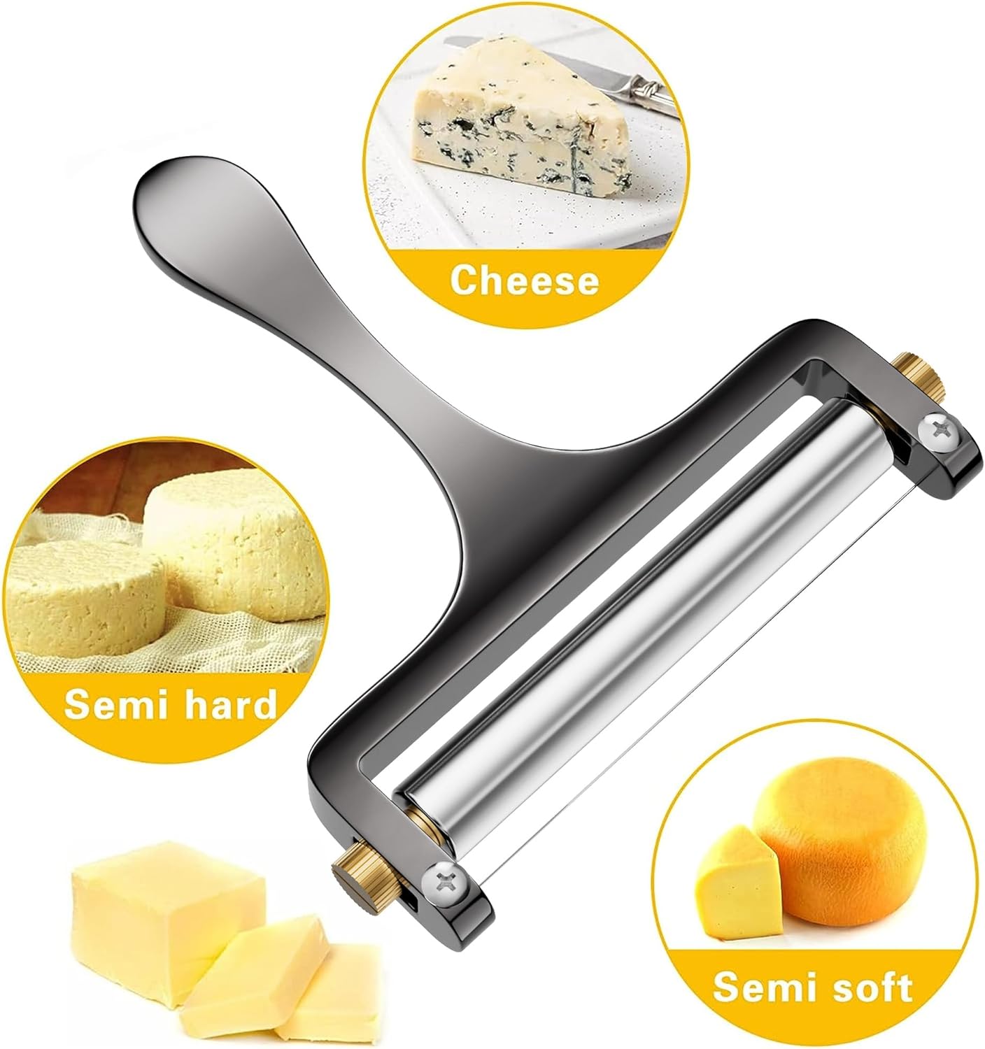 Wire Cheese Slicer Handheld Cutter with 1 Extra Wire, Silver | Stainless Steel Cheese Cutter Wire for Mozzarella, Cheddar, Gruyere, Adjustable Thickness Cheese Shaver for Block Cheese
