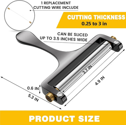 Wire Cheese Slicer Handheld Cutter with 1 Extra Wire, Silver | Stainless Steel Cheese Cutter Wire for Mozzarella, Cheddar, Gruyere, Adjustable Thickness Cheese Shaver for Block Cheese