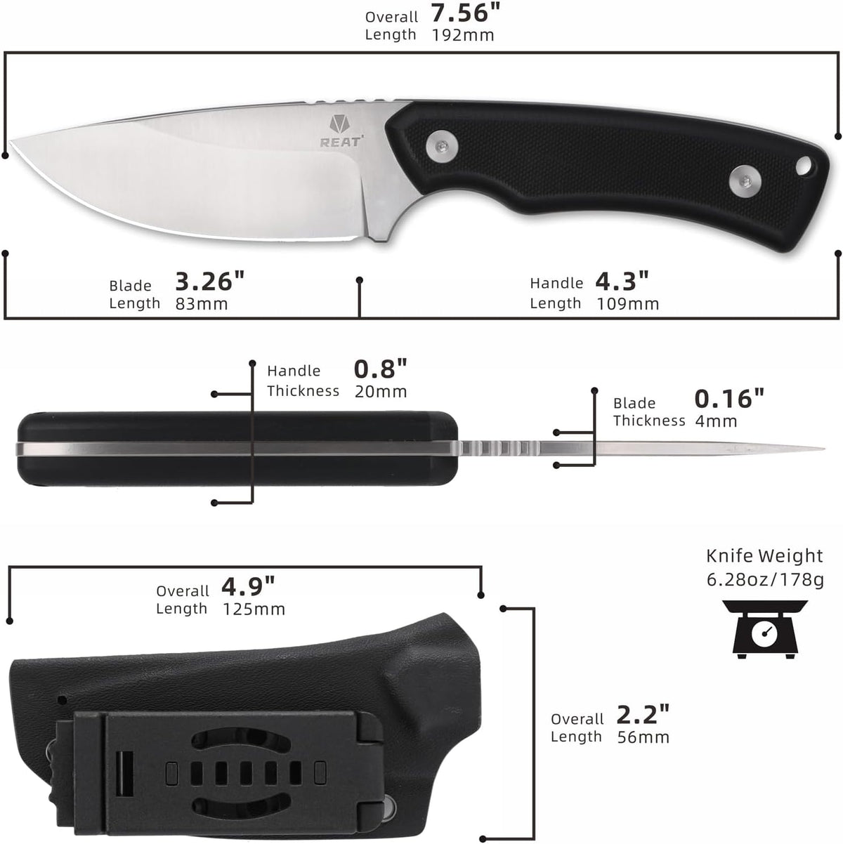 REAT Fixed Blade Knife with Kydex Sheath, 3.25" D2 Steel Blade with Full Tang Design,Ergonomic G10 Handle, Sharp EDC Knife for Hunting,Camping,Bushcraft,Hiking,Skining,Gifts for Men,Women