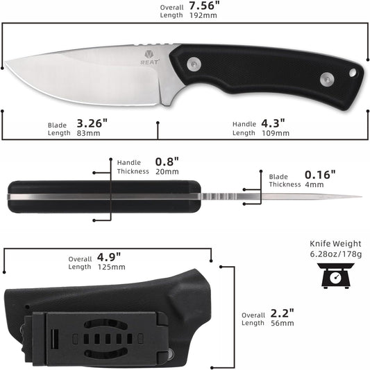 REAT Fixed Blade Knife with Kydex Sheath, 3.25" D2 Steel Blade with Full Tang Design,Ergonomic G10 Handle, Sharp EDC Knife for Hunting,Camping,Bushcraft,Hiking,Skining,Gifts for Men,Women