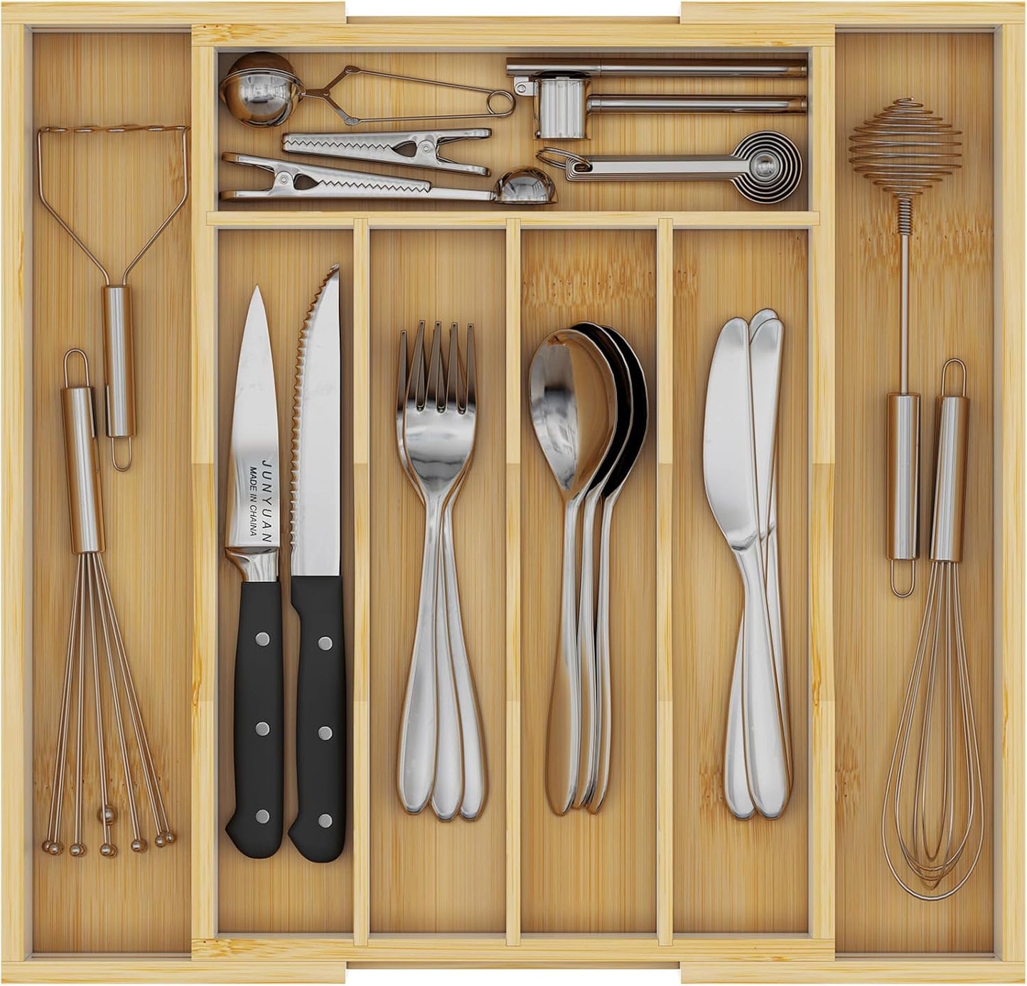 Bamboo Utensil Organizer for Kitchen Drawers, Expandable Utensil Tray and Cutlery Silverware Holder,Wood Drawer Dividers with 7 Adjustable Slots