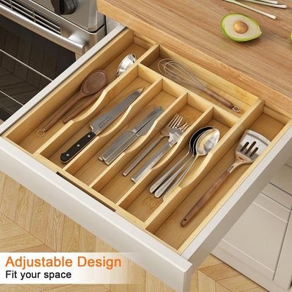 Bamboo Utensil Organizer for Kitchen Drawers, Expandable Utensil Tray and Cutlery Silverware Holder,Wood Drawer Dividers with 7 Adjustable Slots