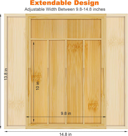 Bamboo Utensil Organizer for Kitchen Drawers, Expandable Utensil Tray and Cutlery Silverware Holder,Wood Drawer Dividers with 7 Adjustable Slots