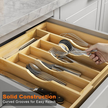 Bamboo Utensil Organizer for Kitchen Drawers, Expandable Utensil Tray and Cutlery Silverware Holder,Wood Drawer Dividers with 7 Adjustable Slots