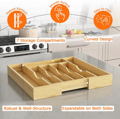 Bamboo Utensil Organizer for Kitchen Drawers, Expandable Utensil Tray and Cutlery Silverware Holder,Wood Drawer Dividers with 7 Adjustable Slots