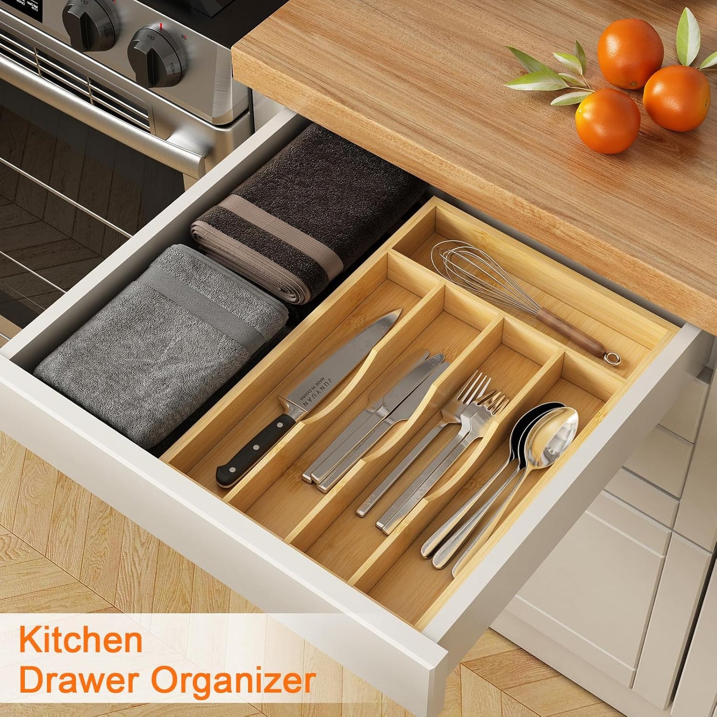 Bamboo Utensil Organizer for Kitchen Drawers, Expandable Utensil Tray and Cutlery Silverware Holder,Wood Drawer Dividers with 7 Adjustable Slots