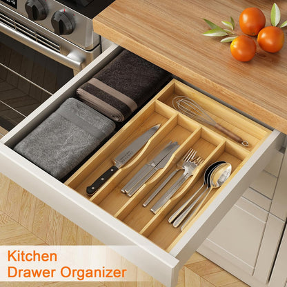 Bamboo Utensil Organizer for Kitchen Drawers, Expandable Utensil Tray and Cutlery Silverware Holder,Wood Drawer Dividers with 7 Adjustable Slots