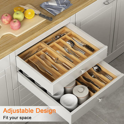 Bamboo Utensil Organizer for Kitchen Drawers, Expandable Utensil Tray and Cutlery Silverware Holder,Wood Drawer Dividers with 7 Adjustable Slots