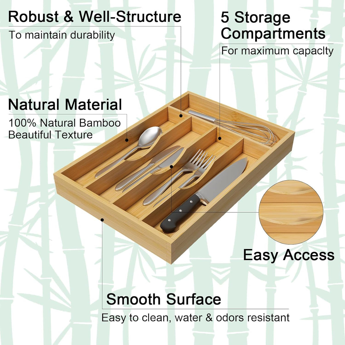 Bamboo Utensil Organizer for Kitchen Drawers, Expandable Utensil Tray and Cutlery Silverware Holder,Wood Drawer Dividers with 7 Adjustable Slots