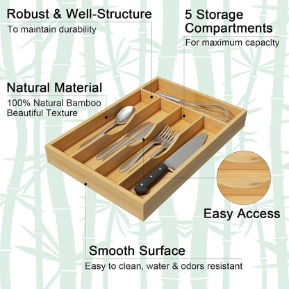 Bamboo Utensil Organizer for Kitchen Drawers, Expandable Utensil Tray and Cutlery Silverware Holder,Wood Drawer Dividers with 7 Adjustable Slots