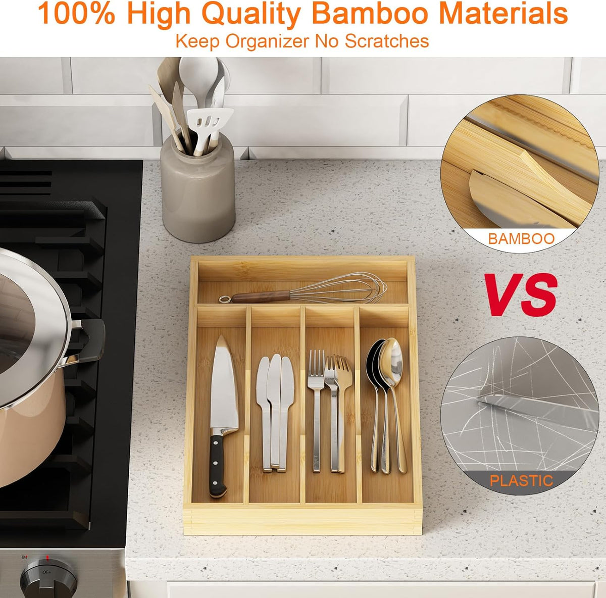 Bamboo Utensil Organizer for Kitchen Drawers, Expandable Utensil Tray and Cutlery Silverware Holder,Wood Drawer Dividers with 7 Adjustable Slots