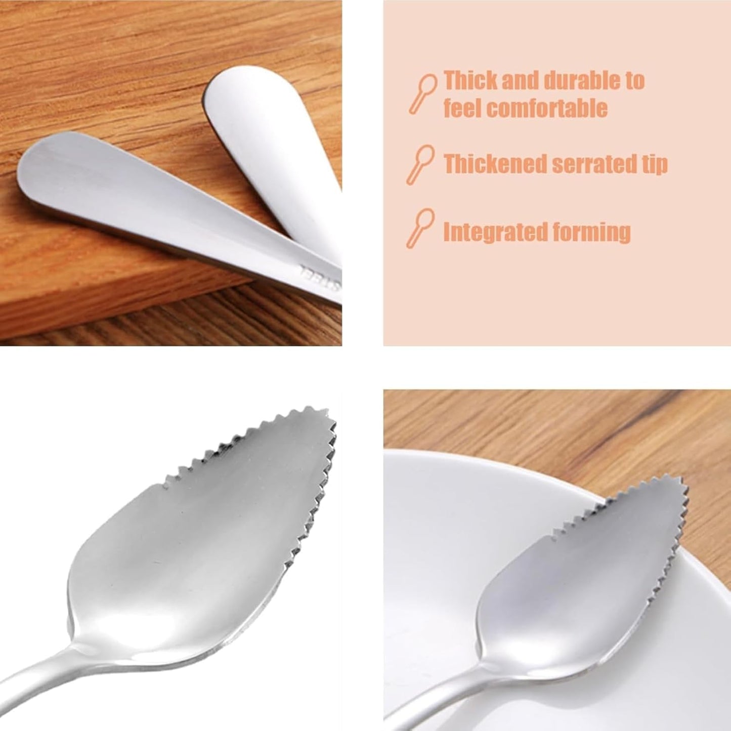 Serrated Fruit Spoon, Grapefruit Knife – Stainless Steel Dessert Spoon with Serrated Edge, Non-Stick Scoop for Papaya, Orange & Ice Cream, 6.54" x 1.18" x 0.39" (Mix 4pcs)