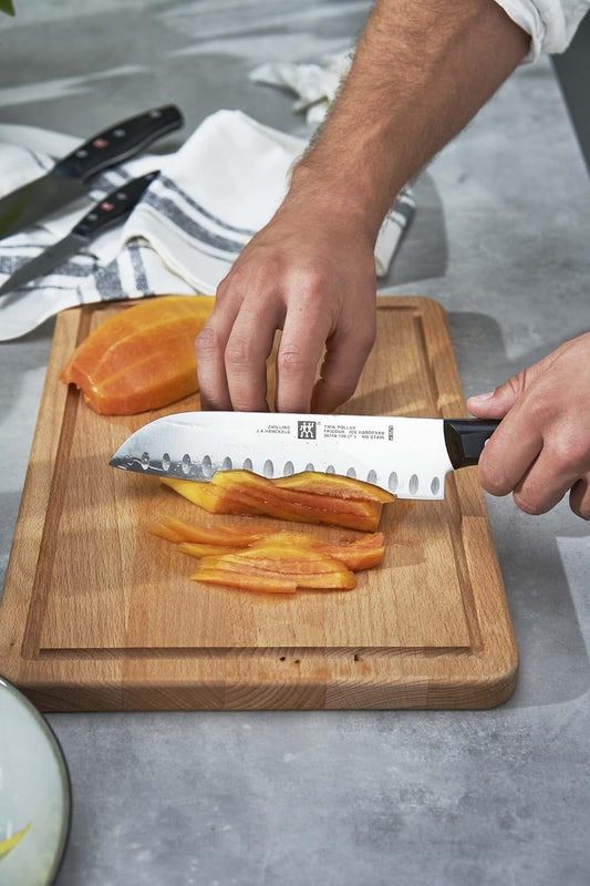 Twin Signature 7-inch Razor-Sharp German Hollow Edge Santoku Knife, Made in Company-Owned German Factory with Special Formula Steel perfected for almost 300 Years, Dishwasher Safe